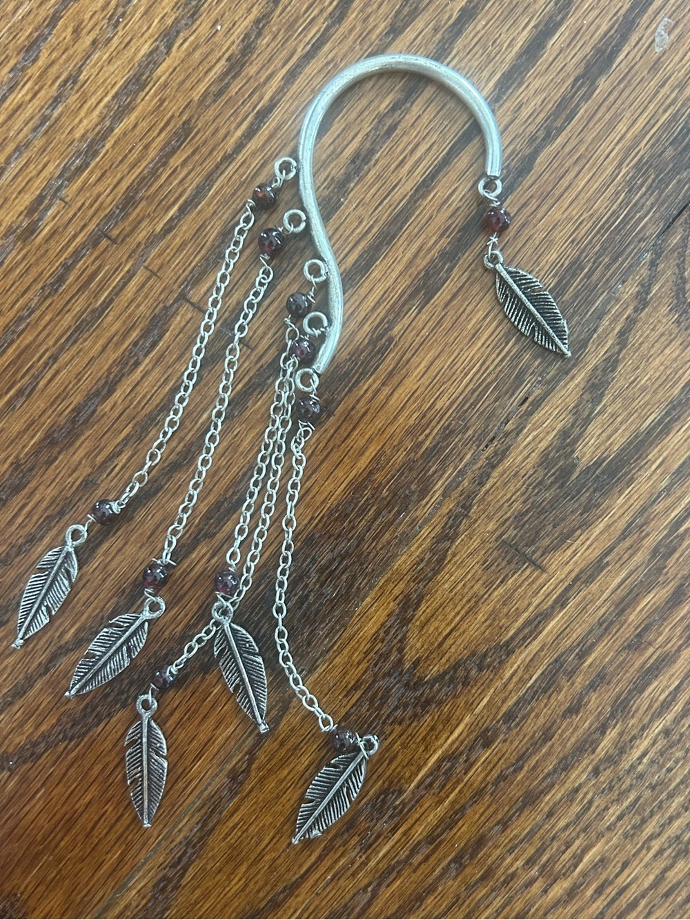 Silver Leaf Dangle Ear Cuff with Garnet beads